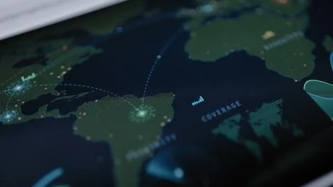 Dark global coverage dashboard connects illuminated hubs 스톡 사진