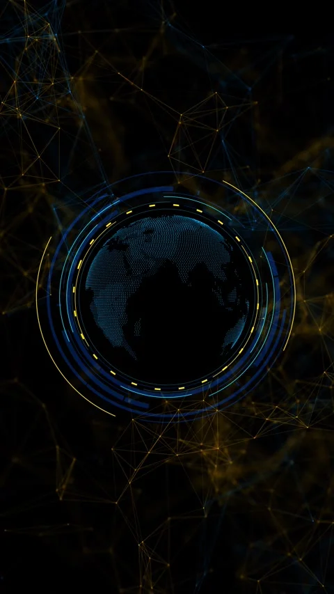 Dark global network globe background with blue gold rings, connected nodes, Stock Footage 334125305