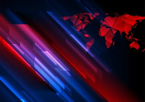 Dark glowing blue and red geometric tech background with low poly world map 스톡 일러스트