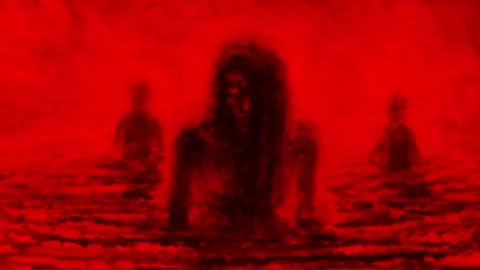 Dark goddess comes out of burning lake and walks on stones. Terrible whirlwind 스톡 동영상 252665224