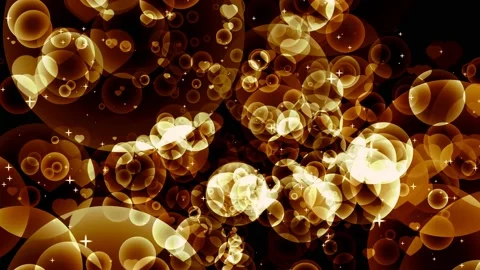 Dark gold tone abstract dimension rainbow bubbles with dancing hearts floating Video stock 147113293