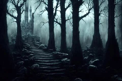 Dark gothic castle in dark forest. Illustrazione stock