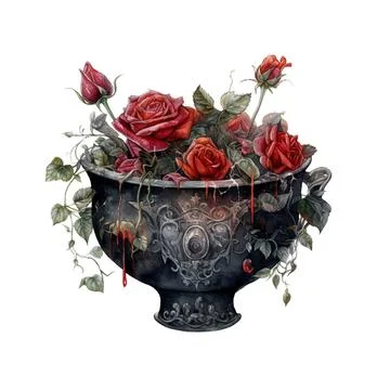 Dark Gothic Cauldron with Red Roses Dark Fantasy Gardening Watercolor Clipart Stock Illustration
