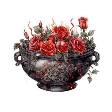 Dark Gothic Cauldron with Red Roses Dark Fantasy Gardening Watercolor Clipart Stock Illustration