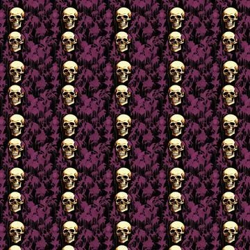 Dark, gothic, eerie seamless pattern skulls and bones set, black background Stock Illustration