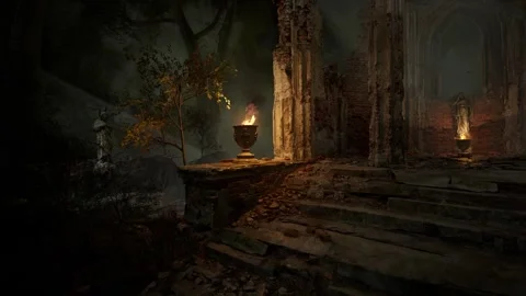 Dark Gothic Ruins with Burning Braziers, Static CGI Shot Stock Footage 342336637