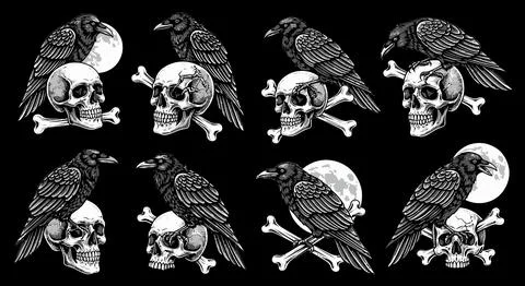 Dark Gothic Scene: Crow on Skull with Moon and Crossbones - Spooky Hallowee.. Stock Illustration