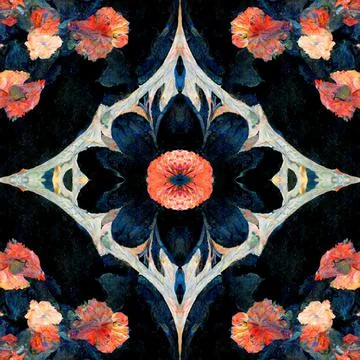Dark gothic seamless pattern with floral elements, a mystical and trippy backgro Stock Illustration