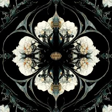 Dark gothic seamless pattern with floral elements, a mystical and trippy backgro Stock Illustration