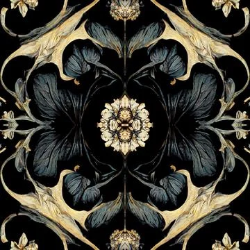 Dark gothic seamless pattern with floral elements, a mystical and trippy backgro Stock Illustration