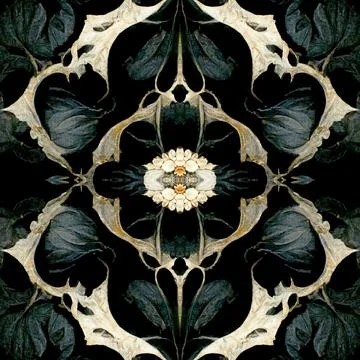 Dark gothic seamless pattern with floral elements, a mystical and trippy backgro Stock Illustration