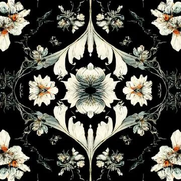 Dark gothic seamless pattern with floral elements, a mystical and trippy backgro Stock Illustration