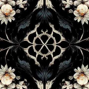 Dark gothic seamless pattern with floral elements, a mystical and trippy backgro Stock Illustration