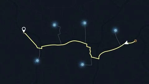 Dark GPS map interface with yellow tracking path and glowing waypoints. Vector Stock Illustration