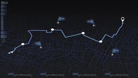 Dark gps tracking map with blue path and time indicators. Vector illustration Illustration