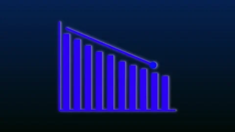 Dark gradient backdrop with glowing blue bar chart visualizing decreasing b.. 库存影片 321450132