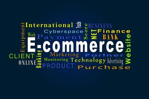 On a dark gradient background the word e-Commerce and other related words Stock Illustration