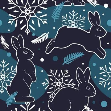 Dark graphic seamless pattern of rabbits, snowflakes, and spruce branches. Wi Stock Illustration