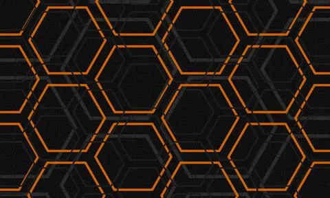 Dark gray and orange hexagonal technology abstract background. Grey hexagon Illustrazione stock