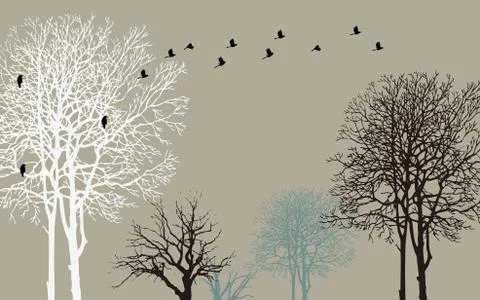 Dark gray background, contours of trees, black crows flying away from a tree Stock Illustration