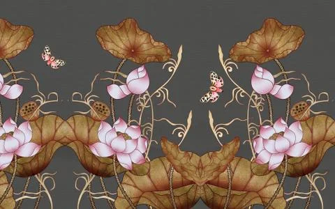 Dark gray background, large pink water lilies with brown leaves Stock Illustration