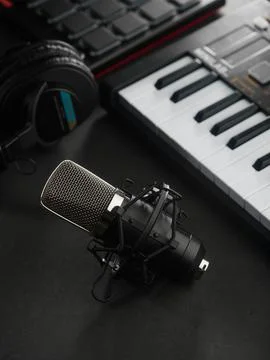 On a dark gray background, a midi keyboard, studio microphone, studio headpho Stock Photos