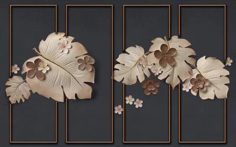 Dark gray background, orange frames, large brown and beige leaves and flowers Stock Illustration