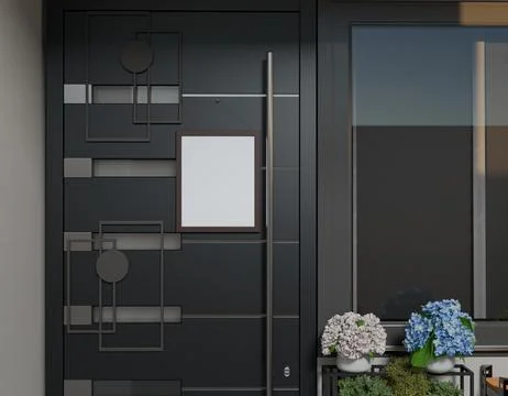 Dark gray door with a framed poster and potted flowers Stock Illustration