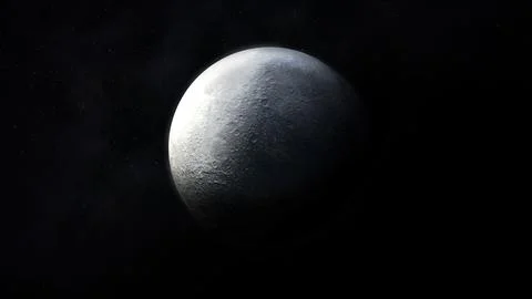 Dark gray image of a half-illuminated moon in space. 3D render Ilustração Stock