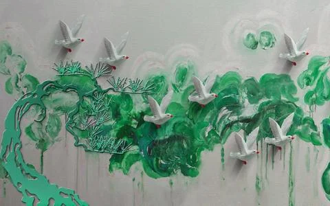 Dark gray textured background, abstract green spots, white birds Stock Illustration