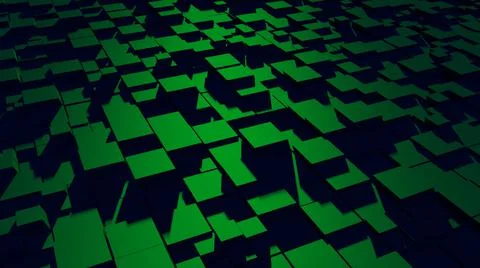 Dark green abstraction with moving square elements, cold light and shadows.  Stock Illustration