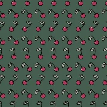 Dark green and red cherry repeat pattern vector background. 스톡 일러스트