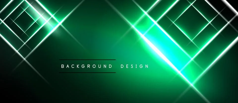 Dark green backdrop features bright neon lines forming squares, radiating l.. Stock Illustration