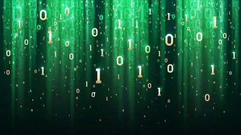 Dark green background with binary code, light rays, gold digits in space Stock Illustration