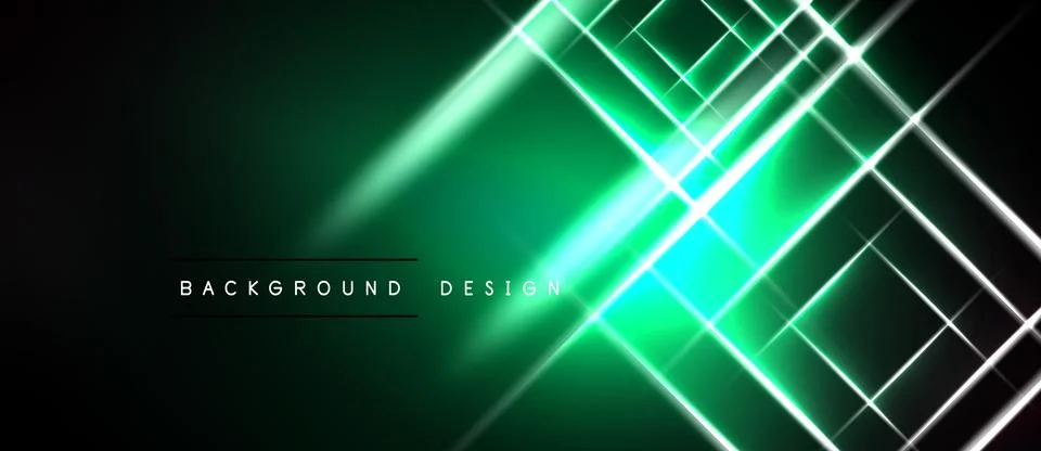 Dark green background features bright neon lines forming geometric shapes. Illustrazione stock