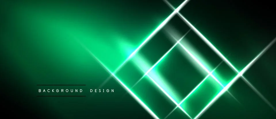Dark green background features bright neon lines forming geometric shapes. Illustrazione stock