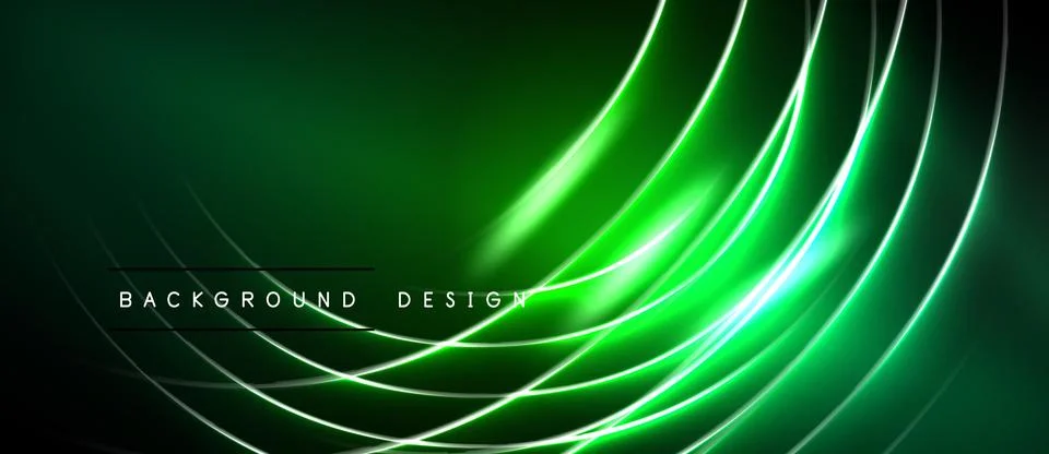 Dark green background features glowing neon lines. Curves radiate from center Stock Illustration
