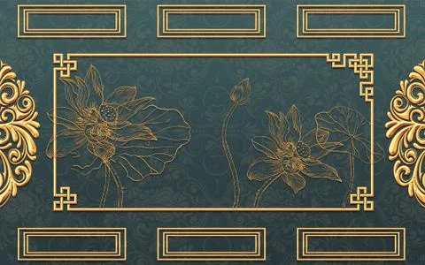 Dark green background, golden frames, large golden contours of water lilies Stock Illustration