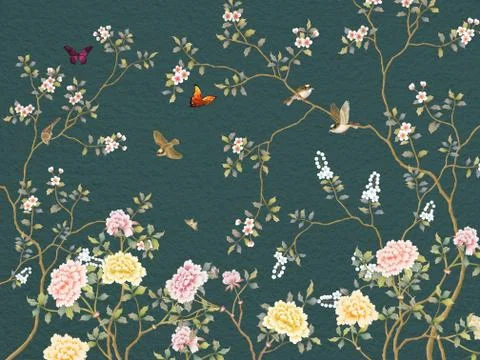 Dark green background, large and small flowers on thin branches, brown birds Stock Illustration