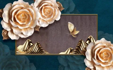 Dark green background, large beige roses and butterfly, gold frame with waves Illustrazione stock