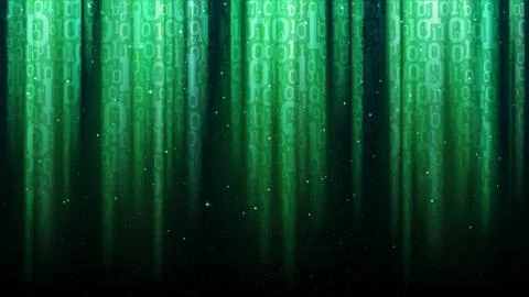 Dark green background with light rays, translucent binary code, sequins Stock Illustration