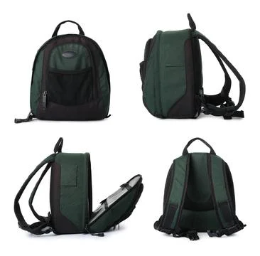 Dark green backpack isolated on white, collage. Different sides Photos
