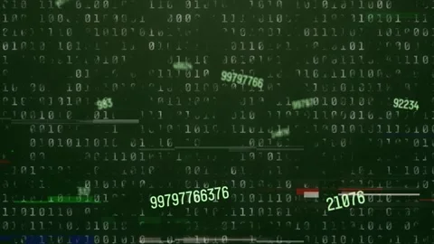 Dark green binary matrix starting, numeric tags drifting, glitch bars growing, Stock Footage 334743921