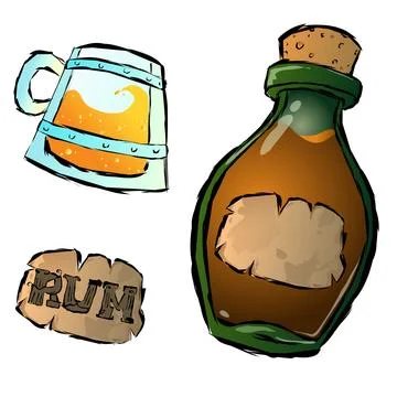 A dark green bottle with an old label and liquid inside a corked oak stopper. a Stock Illustration