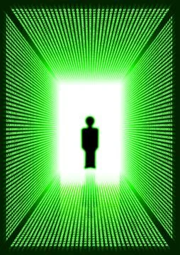 Dark green digital corridor with man silhouette Stock-Illustration