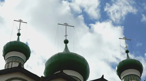 Dark green domes with crosses of the monastery Stock Footage 62412719
