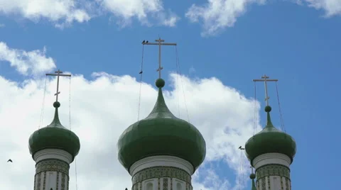 Dark green domes with crosses of the monastery Stock Footage 62469111