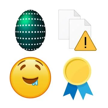 Dark green easter egg, file document, drooling face and golden medal. Set o.. Stock Illustration