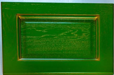 Dark green facade of the kitchen close up. wood textured decorative item back Stock-Fotos
