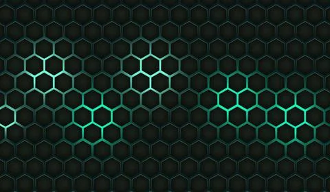 Dark green honeycomb pattern with glowing teal hexagons Stock Illustration